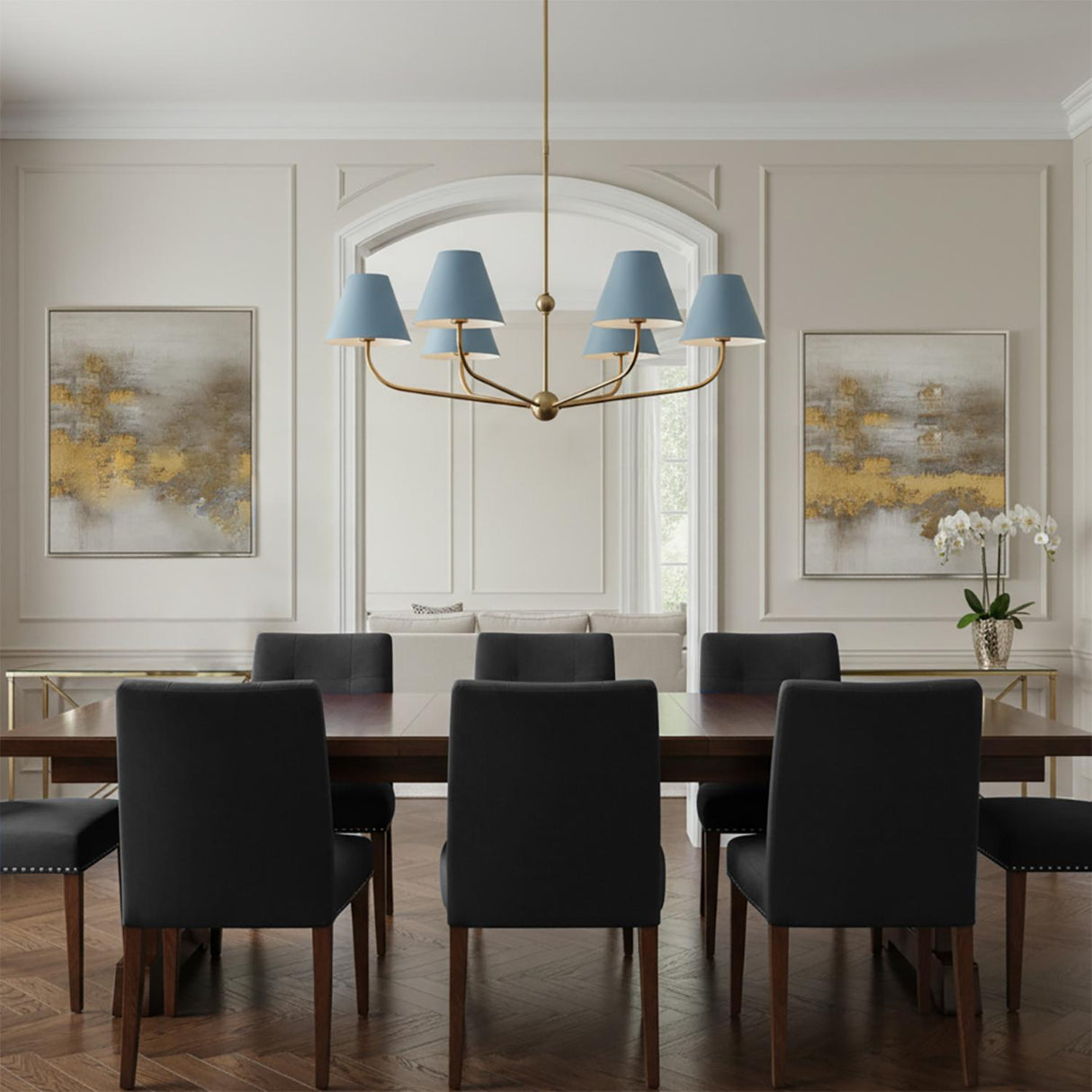 Banks 6 Light Chandelier 40", French Blue and Brass