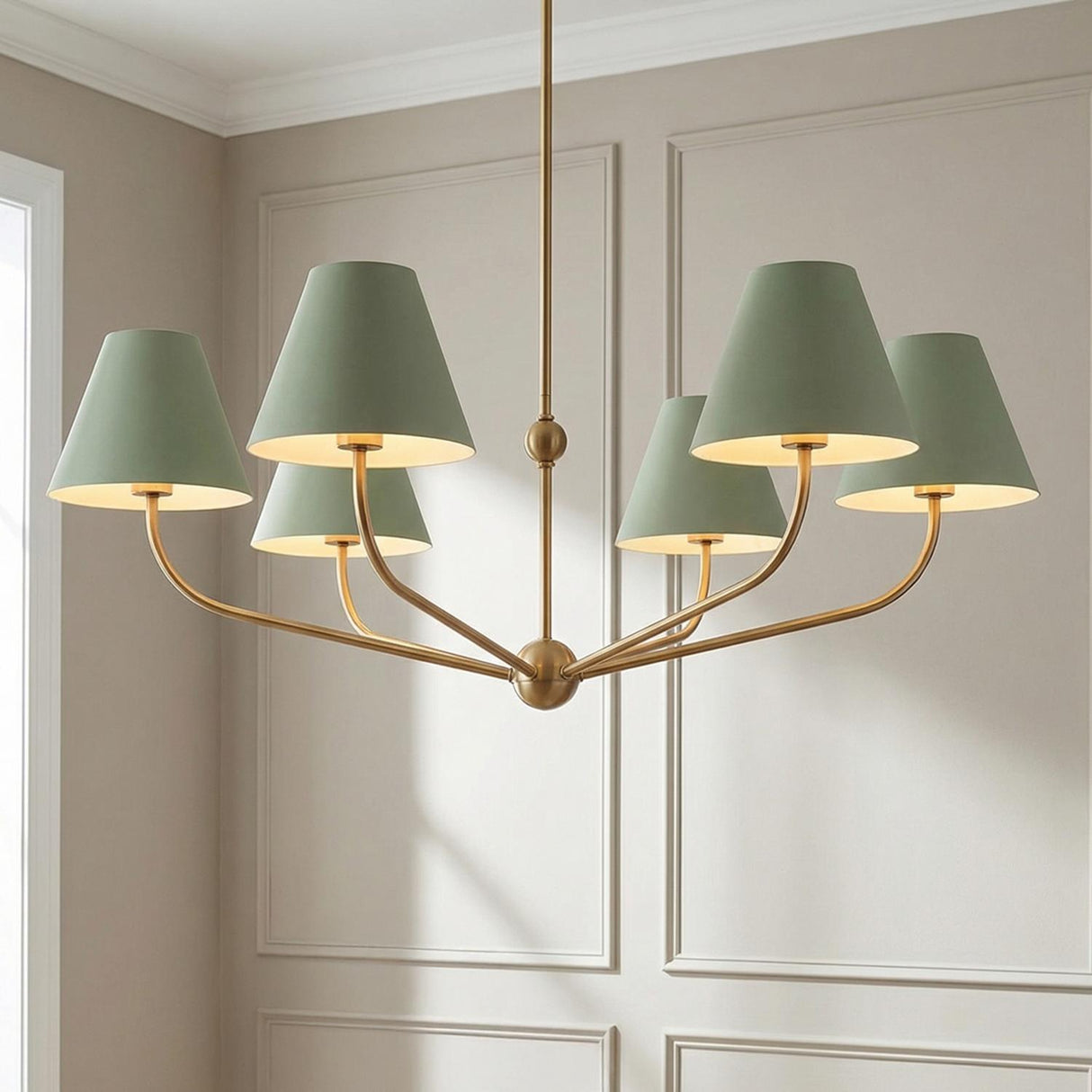 Banks 6 Light Chandelier 40", Sage Green and Brass