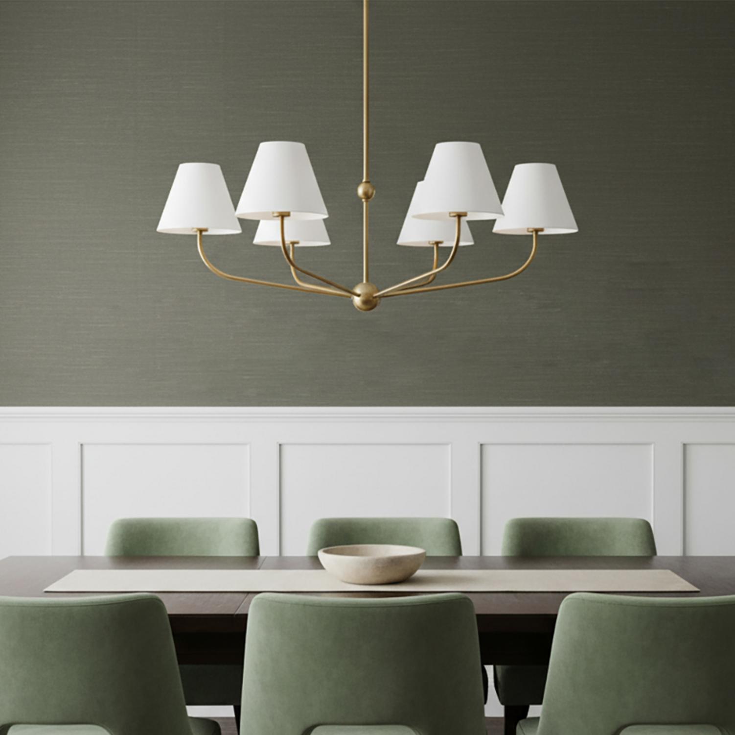 Banks 6 Light Brass Chandelier 40” Wide, White Conical Metal