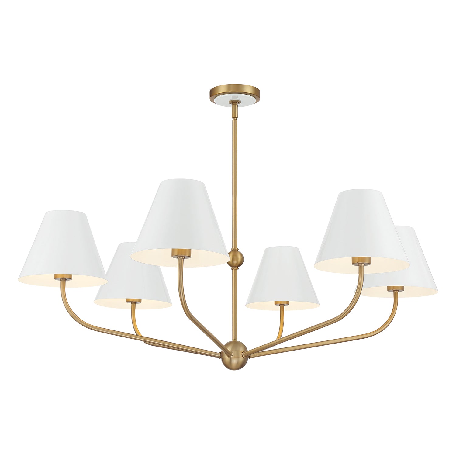 Banks 6 Light Brass Chandelier 40” Wide, White Conical Metal