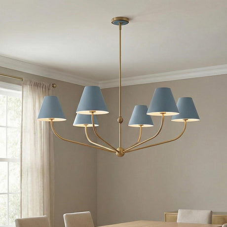 Banks 6 Light Chandelier 48", French Blue and Brass geometric chandelier in a Transitional Dining Room with linen curtains and chairs.