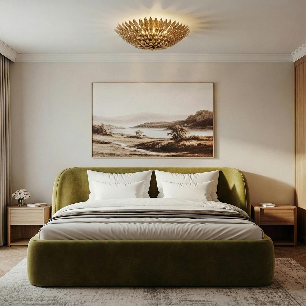 Alysa Flush Mount 24", Antique Gold leaf design flush mount in a Contemporary Bedroom with a green velvet bed.