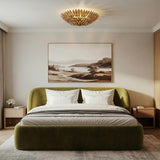 Alysa Flush Mount 24", Antique Gold leaf design flush mount in a Contemporary Bedroom with a green velvet bed.