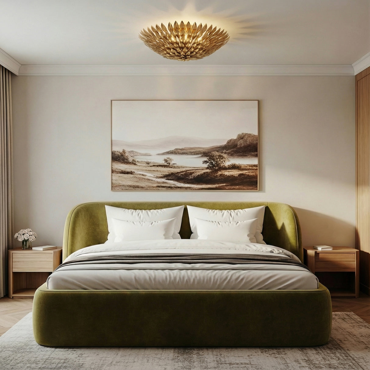 Alysa Flush Mount 24", Antique Gold leaf design flush mount in a Contemporary Bedroom with a green velvet bed.