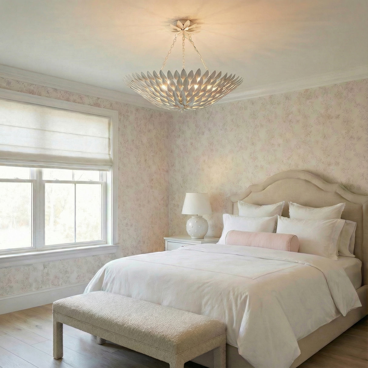 Alysa Semi-Flush 24", Matte White leaf design Chandelier in a Transitional Bedroom with an upholstered bed.