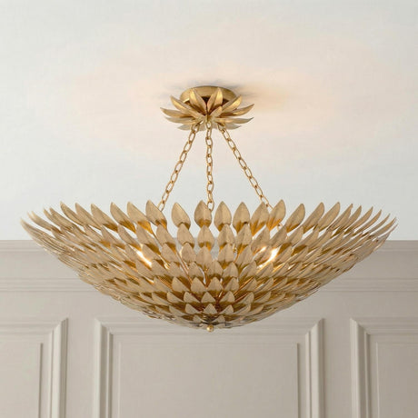Alysa Semi-Flush 30", Antique Gold leaf design Pendant in a Transitional Entryway with light gray paneled walls.