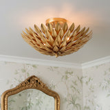 Alysa Semi-Flush 16”, Antique Gold finish, shown in an entryway with floral pattern wall paper.