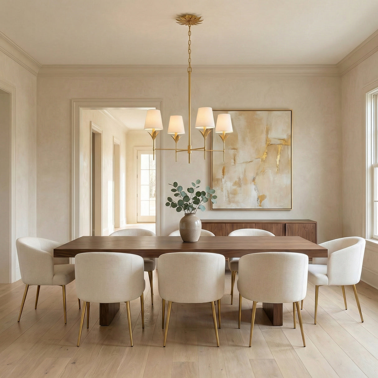 Alice 4 Light Chandelier 28", Antique Gold leaf design chandelier in a Contemporary Dining Room with a walnut table and cream chairs.