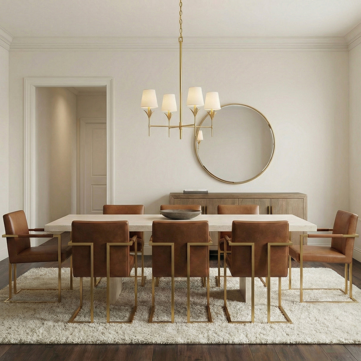 Alice 5 Light Chandelier, Antique Gold leaf design Chandelier in a Transitional Dining Room with a white marble table and leather chairs.