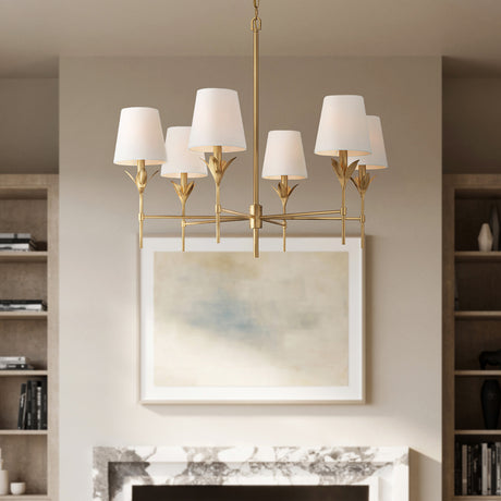 Alice 6 Light Chandelier 32", Antique Gold, shown in a living room with modern art on the wall.