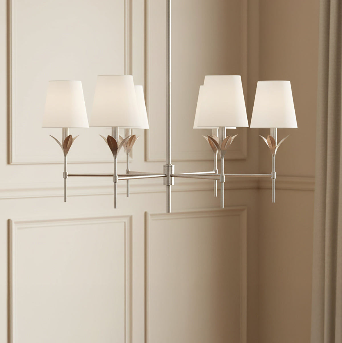 Alice 6 Light Chandelier 32" wide, Antique Silver finish with flower petal motif and white fabric shades.