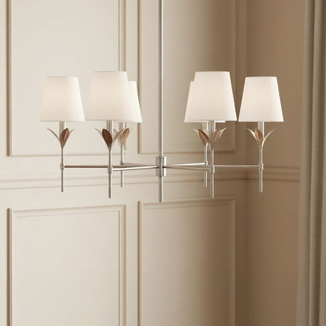 Alice 6 Light Chandelier 32" wide, Antique Silver finish with flower petal motif and white fabric shades.