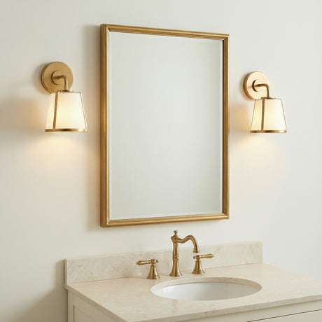 Hoyt Vanity Wall Sconce, Antique Gold with Opal Glass for Transitional home with White Siding
