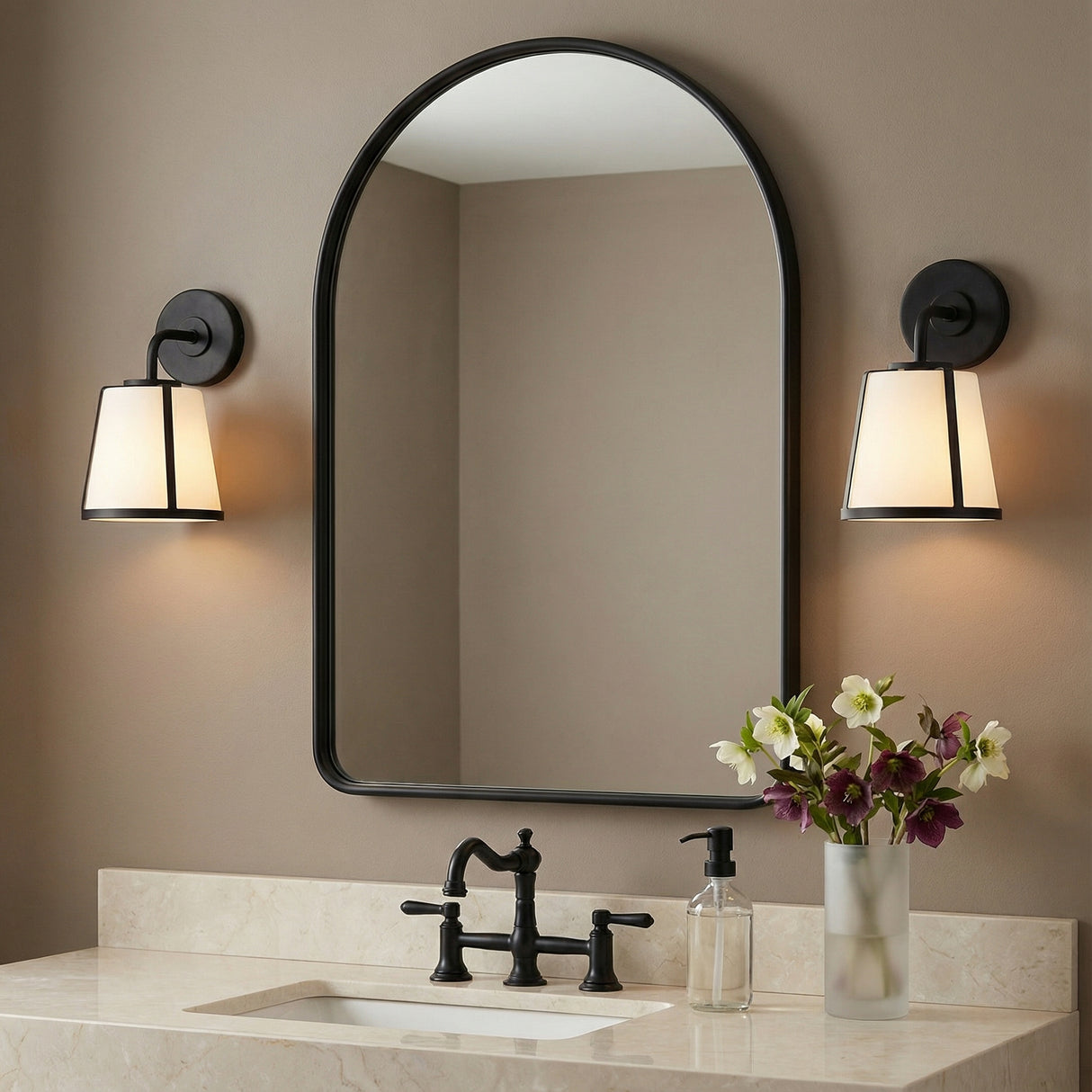 Hoyt Vanity Wall Sconce, Black with Opal Glass for Transitional home with Taupe walls