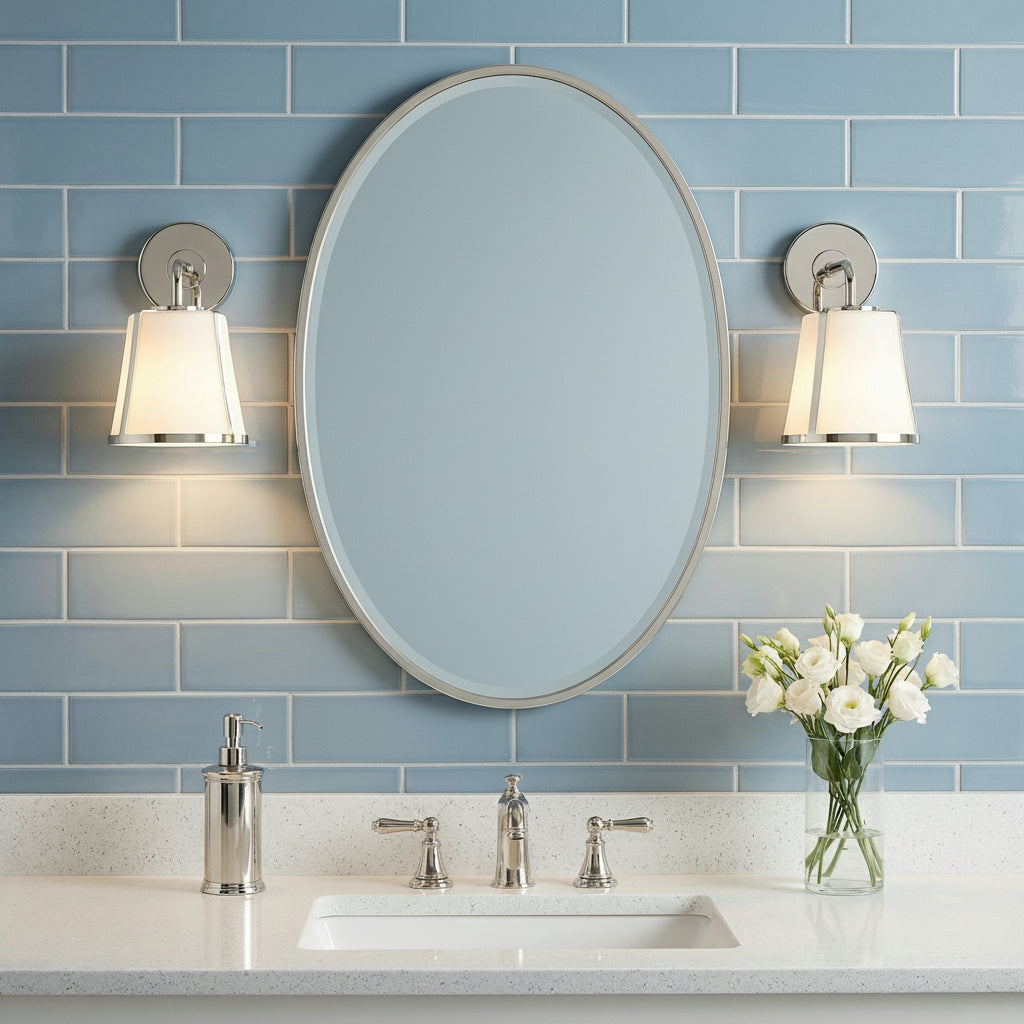 Hoyt Vanity Wall Sconce, Polished Nickel with Opal Glass for Transitional home with Blue Shiplap