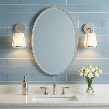 Hoyt Vanity Wall Sconce, Polished Nickel with Opal Glass for Transitional home with Blue Shiplap