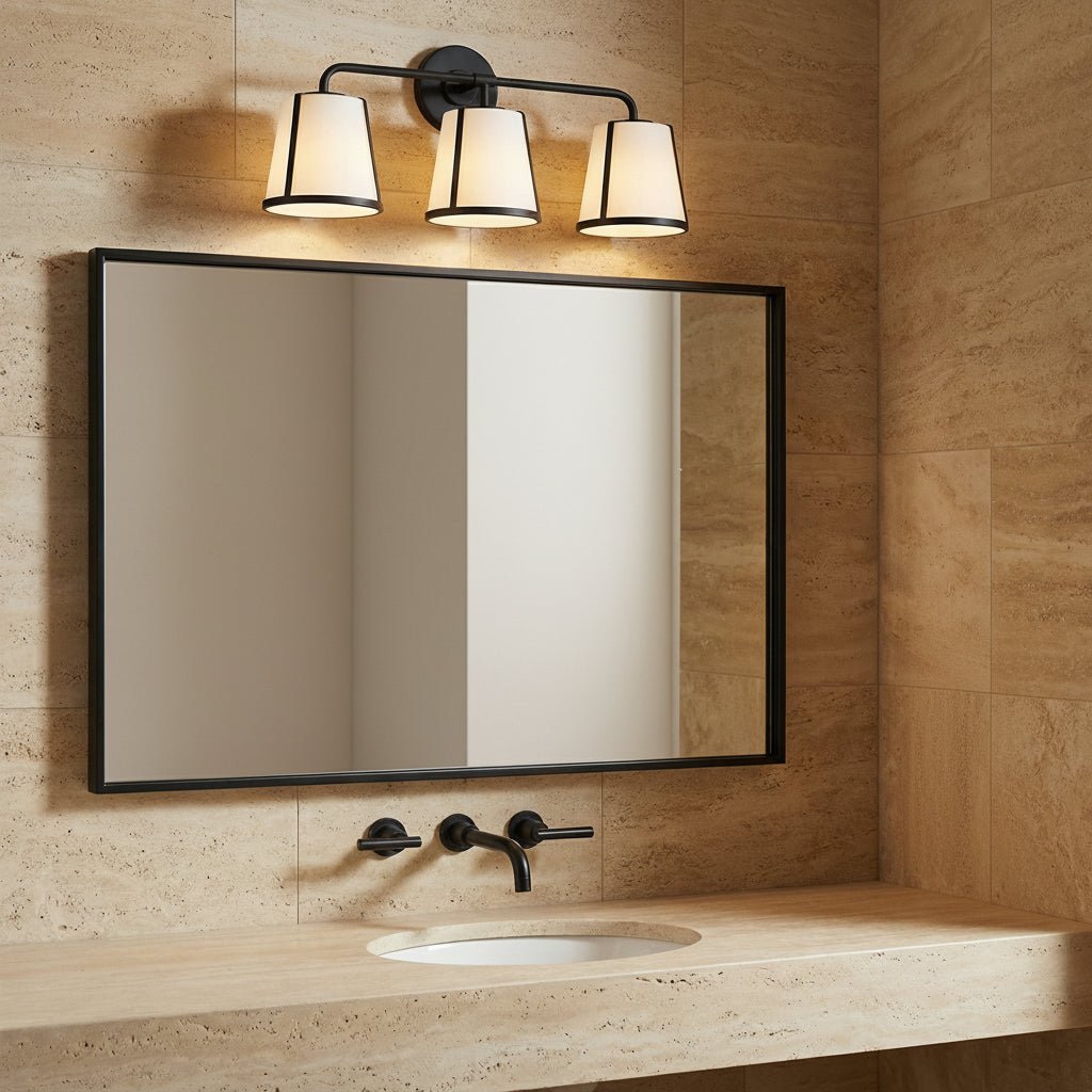 Hoyt 3 Light Vanity, Black with Opal Glass for Modern home with Beige Travertine