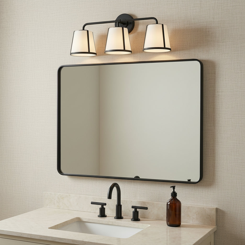 Hoyt 3 Light Vanity, Black with Opal Glass for Modern home with Textured Wallpaper