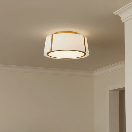 Hoyt Flush Mount 18" ceiling light, in Antique Gold finish with white fabric shade and opal glass diffuser.