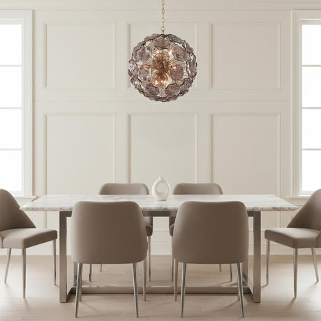 Layla Glass Pendant 22", Smoke - A dining room with a smoke glass pendant hanging above a marble table and six taupe chairs