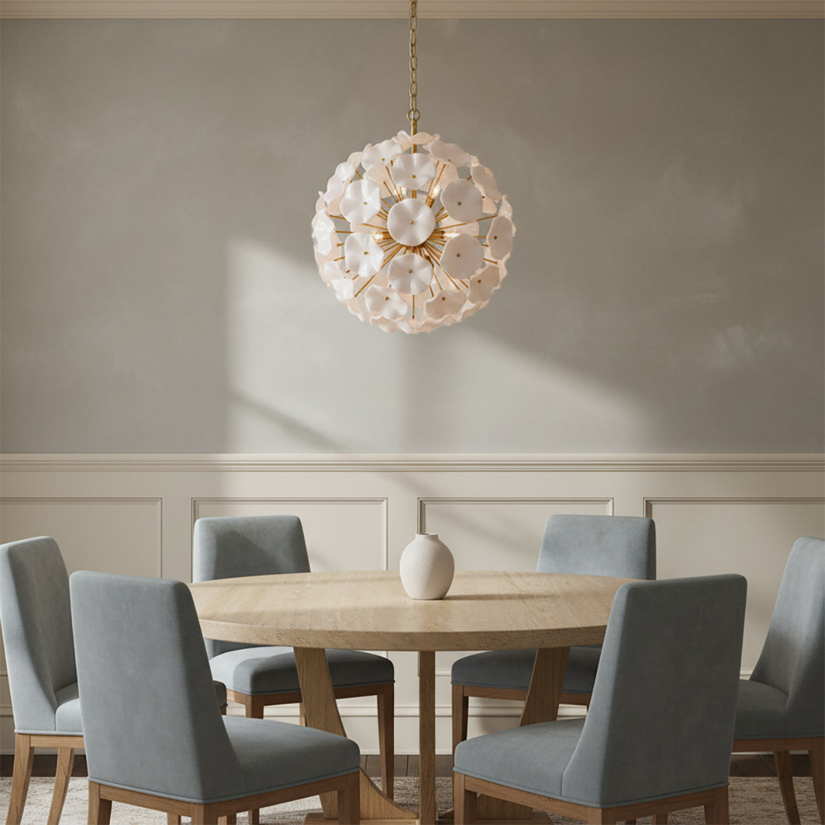 Layla Glass Pendant 22, White - Dining room with light wood table