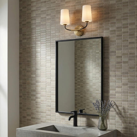 Logan 2 Light Vanity, Black and Brushed Brass for Modern home with Gray Tile
