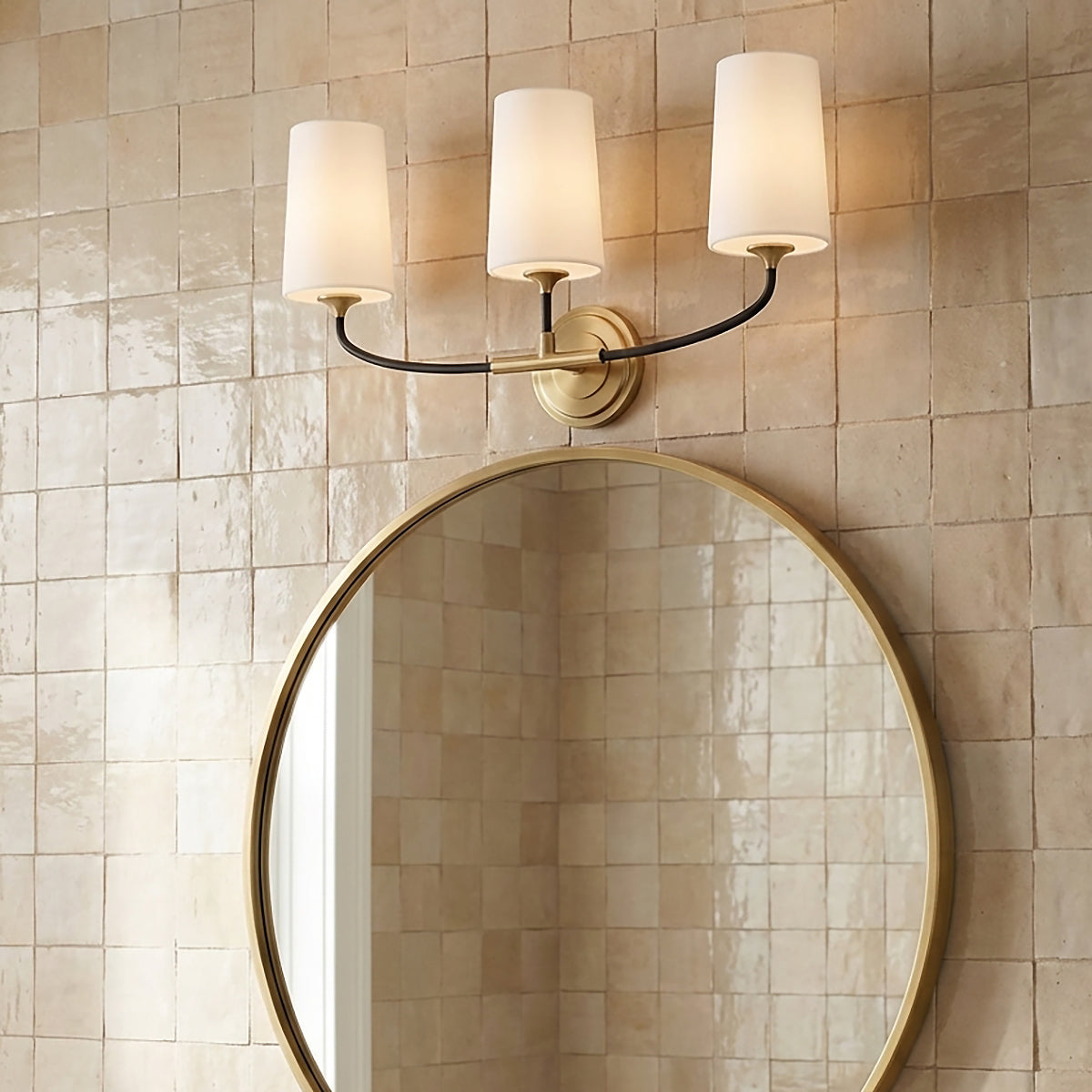 Logan 3 Light Vanity, Black and Brushed Brass for Transitional home with Beige Tile