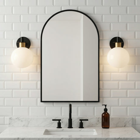 Remy Wall Sconce, White, Black and Brass for Modern home with White Subway Tile