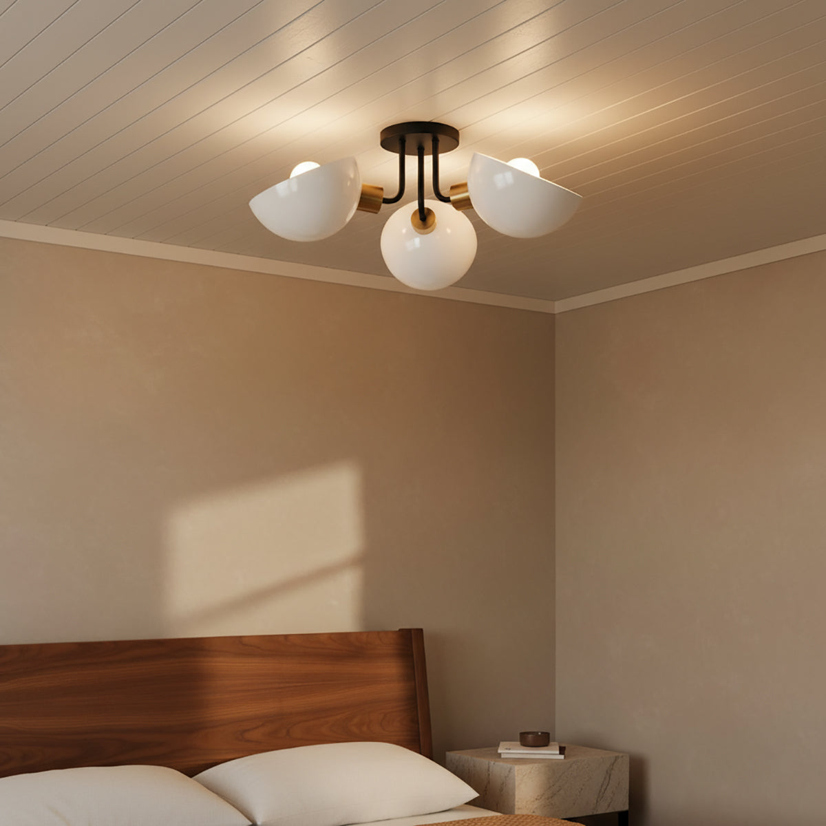 Remy 3 Light Semi-Flush, White, Black and Brass - Flush mount ceiling light in a bedroom setting
