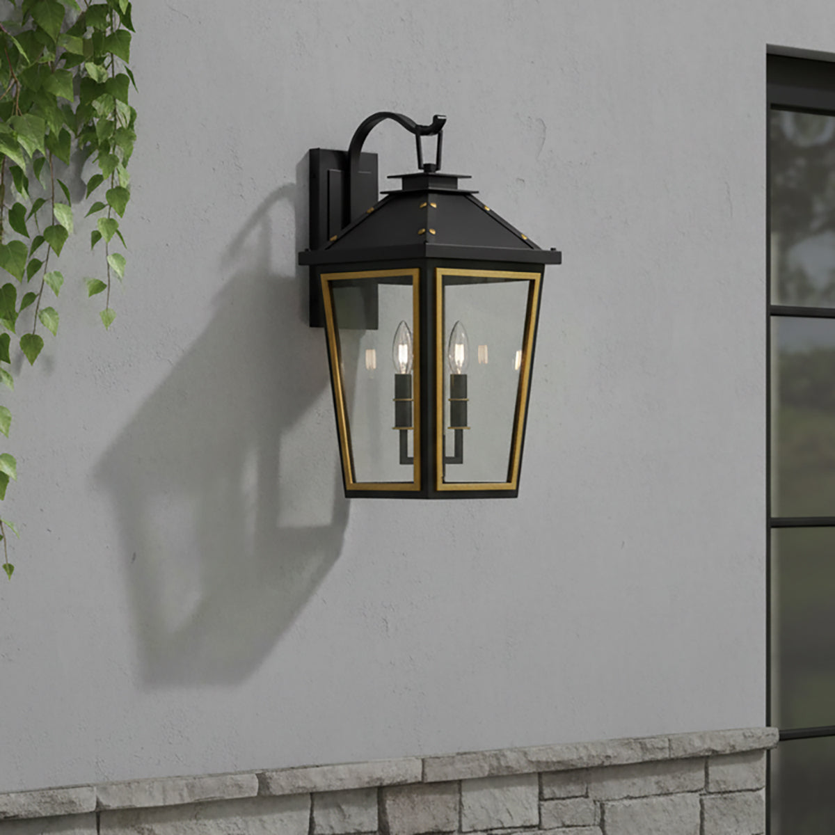 Ellington Outdoor Wall Light, Medium 19" tall, in Black and Textured Gold finish.