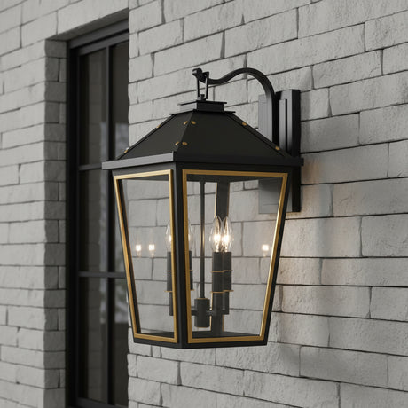 Ellington Outdoor Wall Light, Large 22" Black and Textured Gold finish mounted on a stone wall