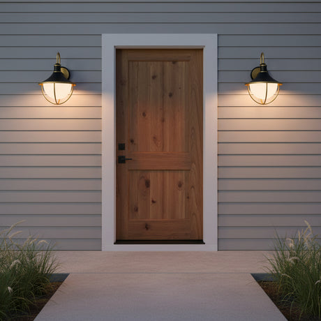 Tobin Outdoor Wall Light, Medium 19" Black and Textured Gold - Two outdoor wall lights flanking a wooden front door