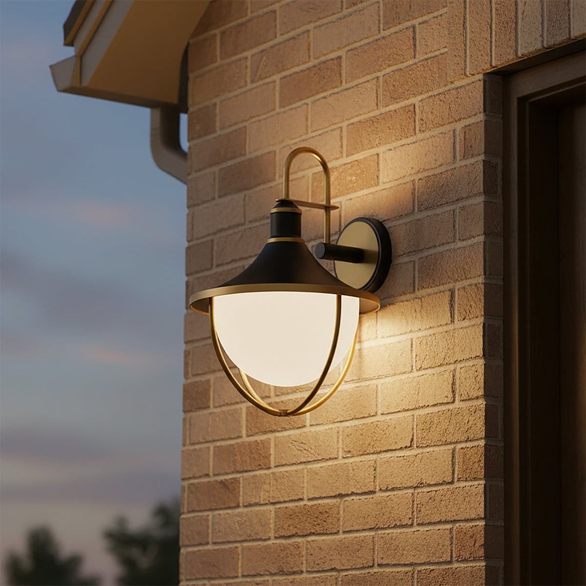 Tobin Outdoor Wall Light, Medium 19" Black and Textured Gold for Transitional home with Tan Brick