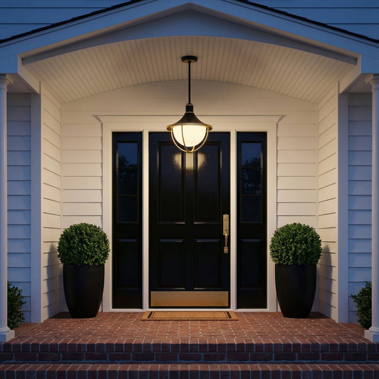 Tobin Outdoor Pendant Light 16", Black and Textured Gold globe Outdoor Hanging in a Transitional Entryway with a black paneled door and brick steps.