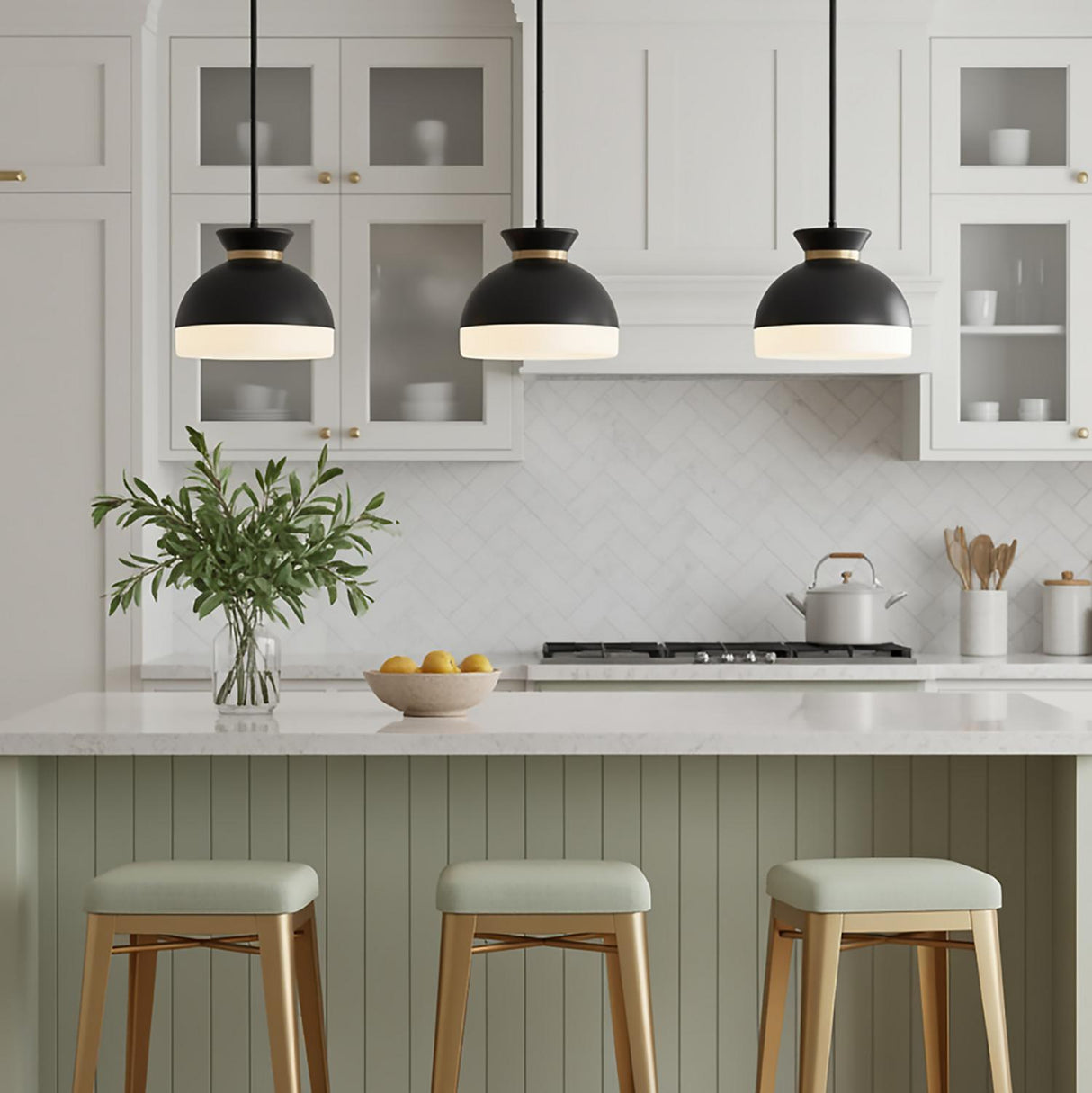 Elody Pendant 10, Matte Black and Brass for Modern Farmhouse home with White Cabinetry