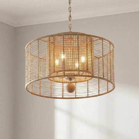 Sellah 4 Light Pendant 25", Jute and Satin Sand for Coastal home with Beige Walls