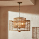 Sellah 4 Light Jute Pendant for boho, coastal, modern organic style home, shown with a textured plater beige wall background