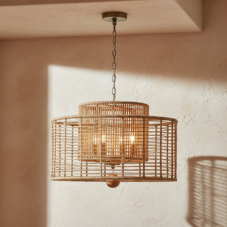 Sellah 4 Light Chandelier 25", Jute and Satin Sand