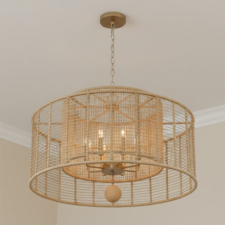 Sellah 8 Light Jute Woven Pendant, 31" wide, for Coastal home with Warm Beige Walls