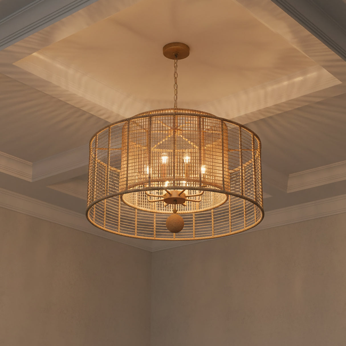 Sellah 8 Light Chandelier 31", Jute and Satin Sand