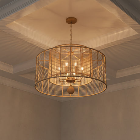 The Sellah 8 Light Jute Pendant shown at night in a formal dining room of a coastal style home