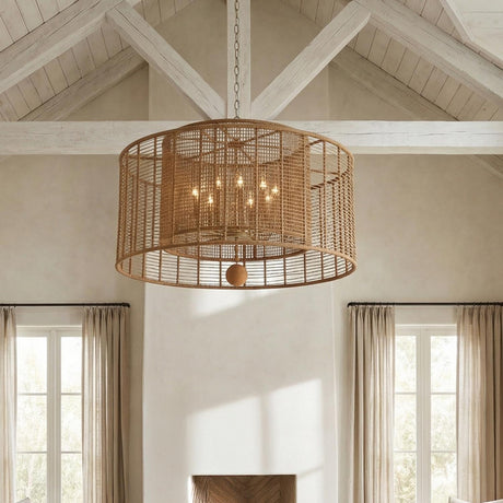 Sellah 12 Light Pendant 43", Jute and Satin Sand woven Pendant in a Modern Farmhouse Living Room with vaulted wood beams.