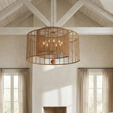 Sellah 12 Light Pendant 43", Jute and Satin Sand woven Pendant in a Modern Farmhouse Living Room with vaulted wood beams.