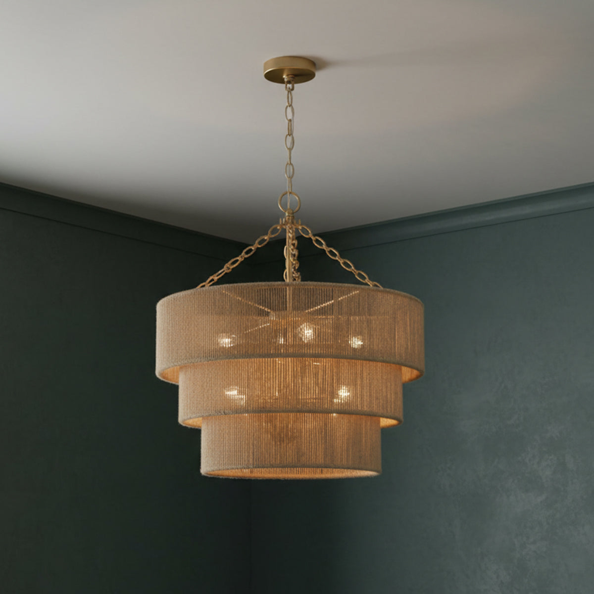 Sorelle 10 Light Chandelier 24", Jute and Soft Brass for Transitional home with Dark Green Walls