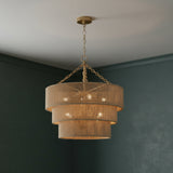 Sorelle 10 Light Chandelier 24", Jute and Soft Brass for Transitional home with Dark Green Walls