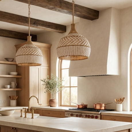 Sienna Medium Pendant 14, Rattan and Soft Brass for Mediterranean home with Warm Beige Stucco