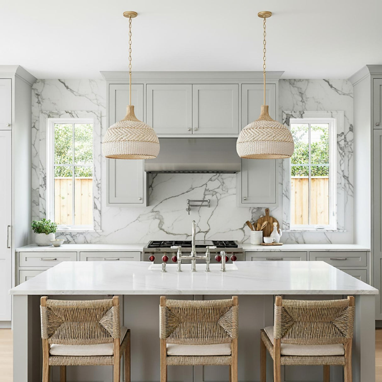 Sienna Large Pendant 21, Rattan and Soft Brass for Modern Farmhouse home with Gray Siding