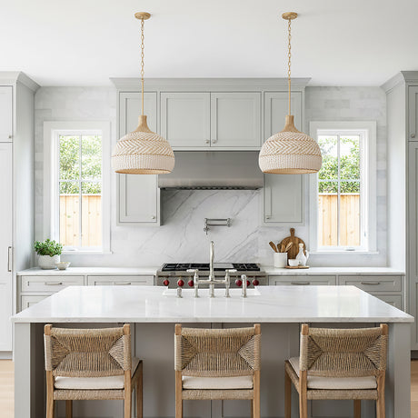 Sienna Large Pendant 21, Rattan and Soft Brass for Modern Farmhouse home with White Siding