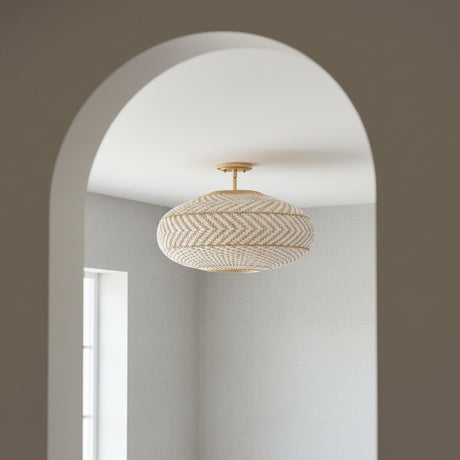 Sienna Semi-Flush 22" Rattan and Soft Brass for Transitional home with White Textured Walls