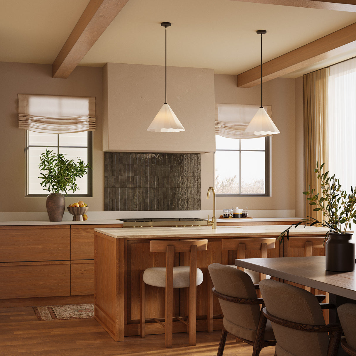 Modern kitchen with wooden cabinets, island, and two Reese Medium Pendant lights, 14" wide in Matte Black and Opal Glass.